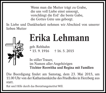 Traueranzeige von Erika Lehmann von lausitzer_rundschau