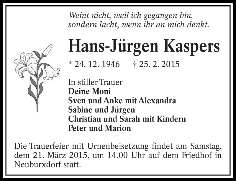  Traueranzeige für Hans-Jürgen Kaspers vom 06.03.2015 aus lausitzer_rundschau