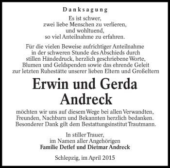 Traueranzeige von Erwin und Gerda Andreck von lausitzer_rundschau