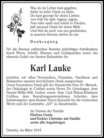 Traueranzeige von Karl Lauke von lausitzer_rundschau