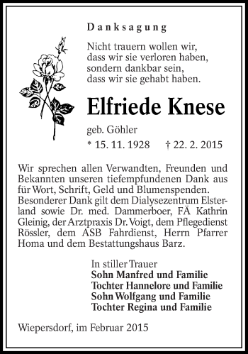 Traueranzeige von Elfriede Knese von lausitzer_rundschau