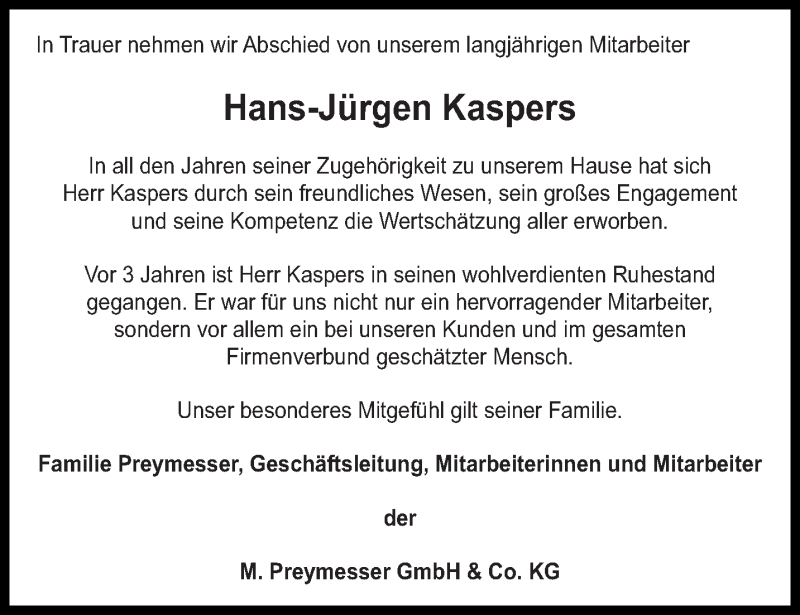  Traueranzeige für Hans-Jürgen Kaspers vom 07.03.2015 aus lausitzer_rundschau