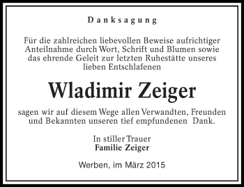 Traueranzeige von Wladimir Zeiger von lausitzer_rundschau