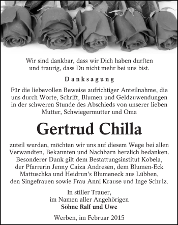 Traueranzeige von Gertrud Chilla von lausitzer_rundschau
