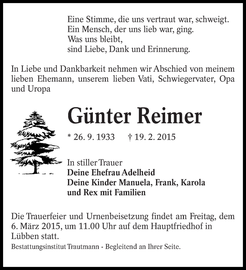  Traueranzeige für Günter Reimer vom 25.02.2015 aus lausitzer_rundschau