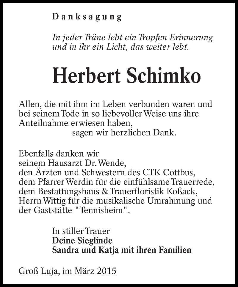  Traueranzeige für Herbert Schimko vom 05.04.2015 aus lausitzer_rundschau
