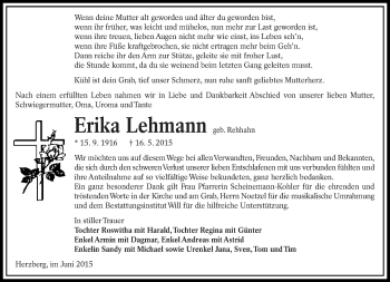 Traueranzeige von Erika Lehmann von lausitzer_rundschau