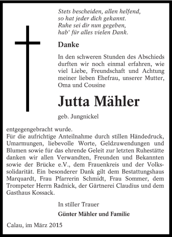 Traueranzeige von Jutta Mähler von lausitzer_rundschau