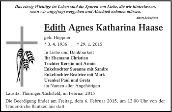 Traueranzeige von Edith Agnes Katharina Haase von lausitzer_rundschau