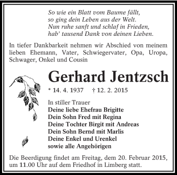 Traueranzeige von Gerhard Jentzsch  von lausitzer_rundschau