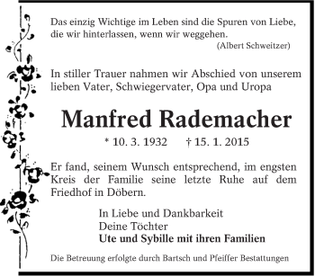 Traueranzeige von Manfred Rademacher von lausitzer_rundschau