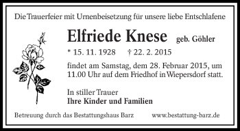 Traueranzeige von Elfriede Knese von lausitzer_rundschau