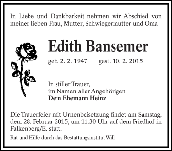 Traueranzeige von Edith Bansemer von lausitzer_rundschau