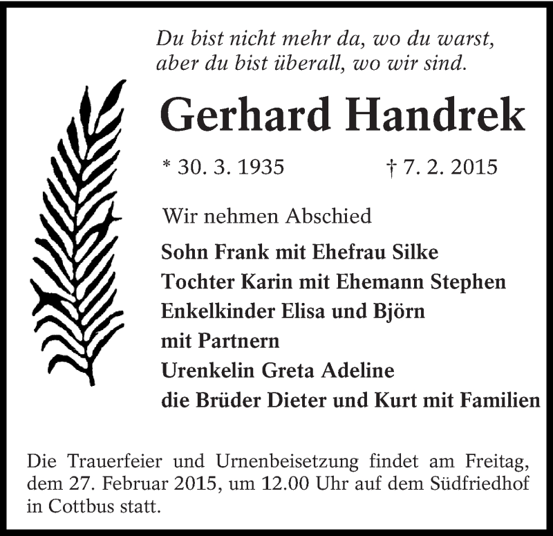  Traueranzeige für Gerhard Handrek vom 14.02.2015 aus lausitzer_rundschau