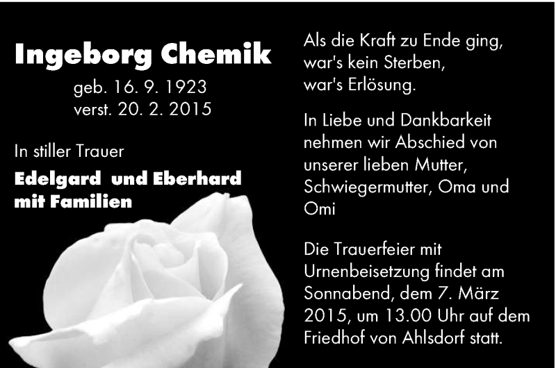  Traueranzeige für Ingeborg Chemik vom 27.02.2015 aus lausitzer_rundschau