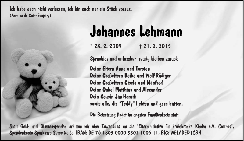  Traueranzeige für Johannes Lehmann vom 26.02.2015 aus lausitzer_rundschau