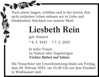 Traueranzeige von Liesbeth Rein von lausitzer_rundschau
