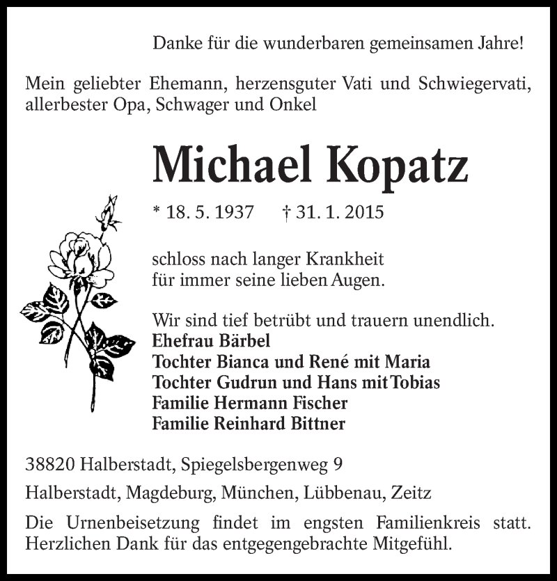  Traueranzeige für Michael Kopatz vom 06.02.2015 aus lausitzer_rundschau
