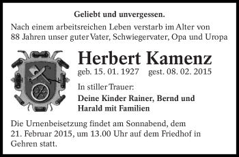Traueranzeige von Herbert Kamenz von lausitzer_rundschau