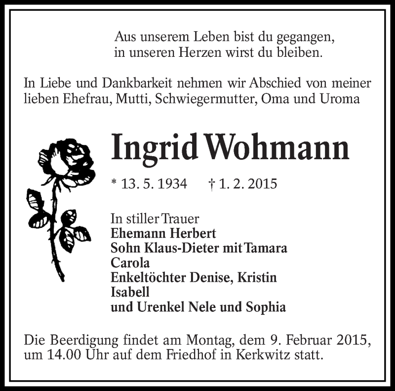 Traueranzeige für Ingrid Wohmann vom 08.02.2015 aus lausitzer_rundschau