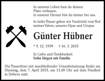 Traueranzeige von Günter Hübner von lausitzer_rundschau