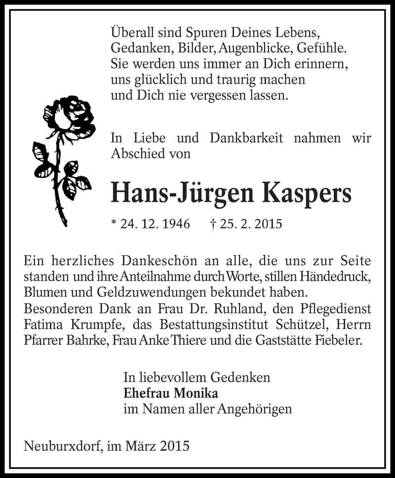  Traueranzeige für Hans-Jürgen Kaspers vom 28.03.2015 aus lausitzer_rundschau