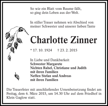 Traueranzeige von Charlotte Zinner von lausitzer_rundschau