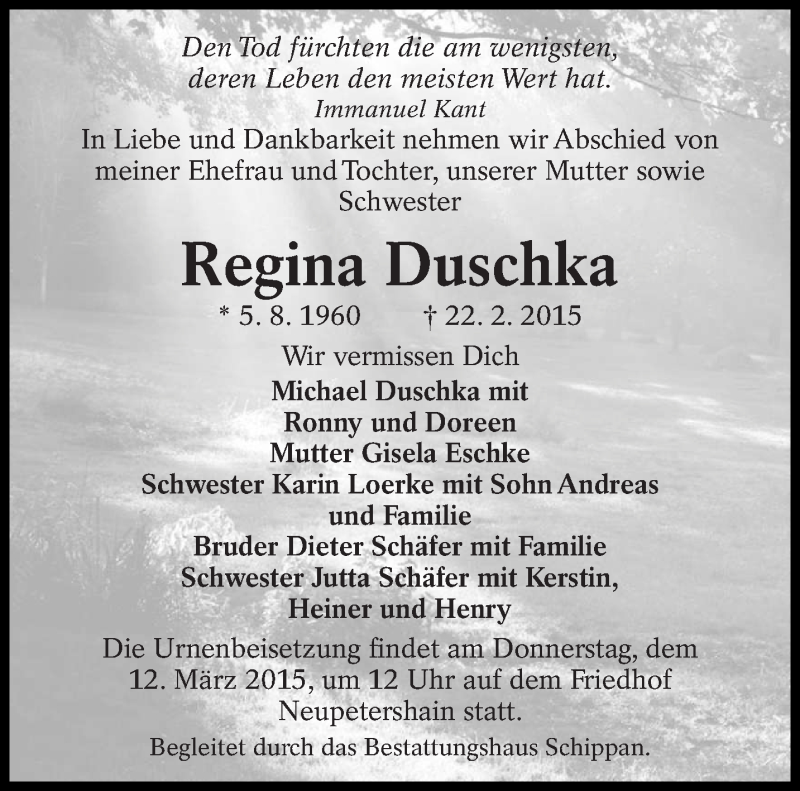  Traueranzeige für Regina Duschka vom 08.03.2015 aus lausitzer_rundschau