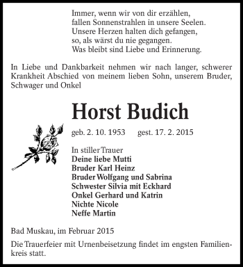 Traueranzeige von Horst Budich von lausitzer_rundschau