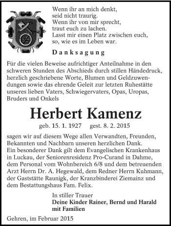 Traueranzeige von Herbert Kamenz von lausitzer_rundschau