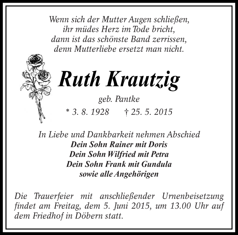  Traueranzeige für Ruth Krautzig vom 31.05.2015 aus lausitzer_rundschau