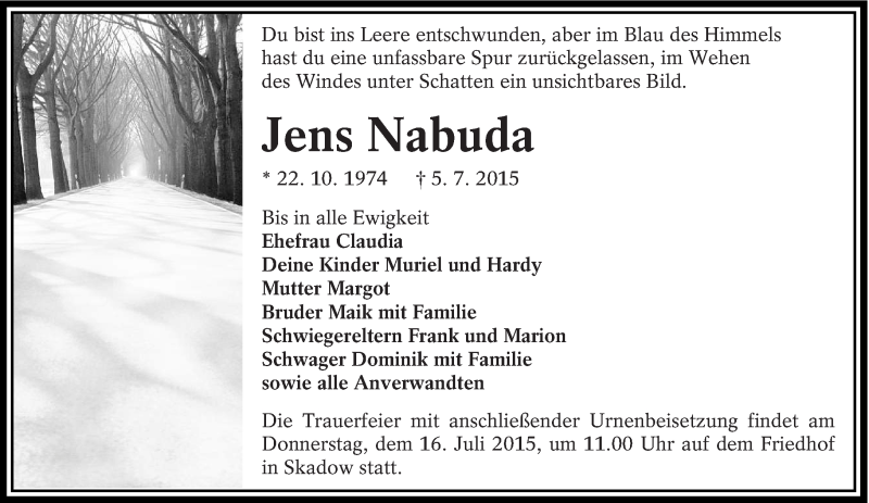 Traueranzeige für Jens Nabuda vom 11.07.2015 aus lausitzer_rundschau