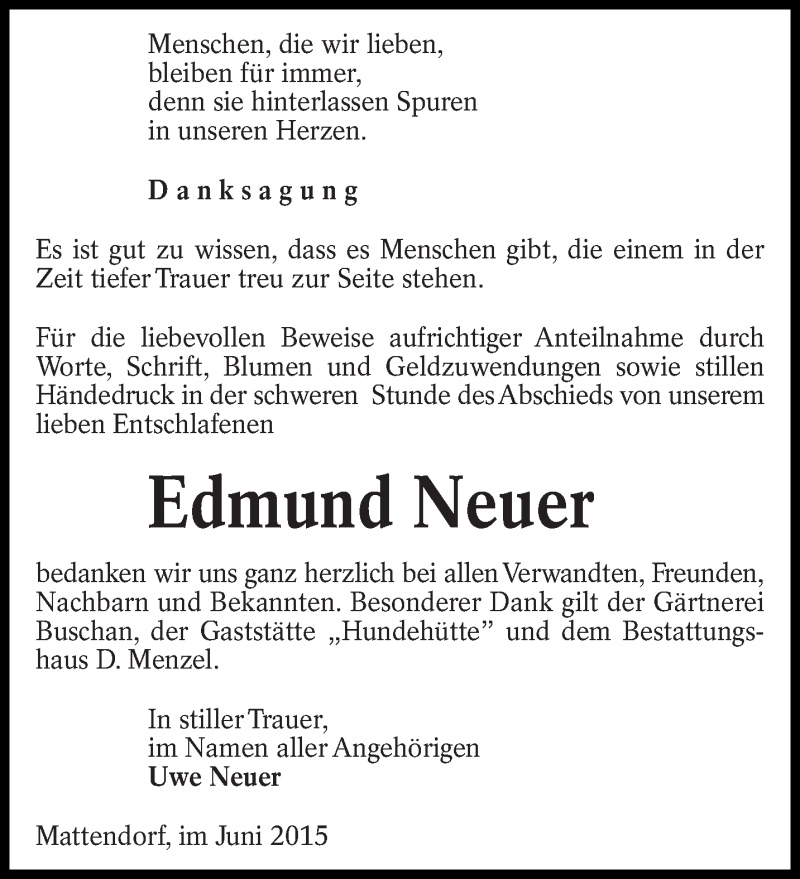  Traueranzeige für Edmund Neuer vom 14.06.2015 aus lausitzer_rundschau