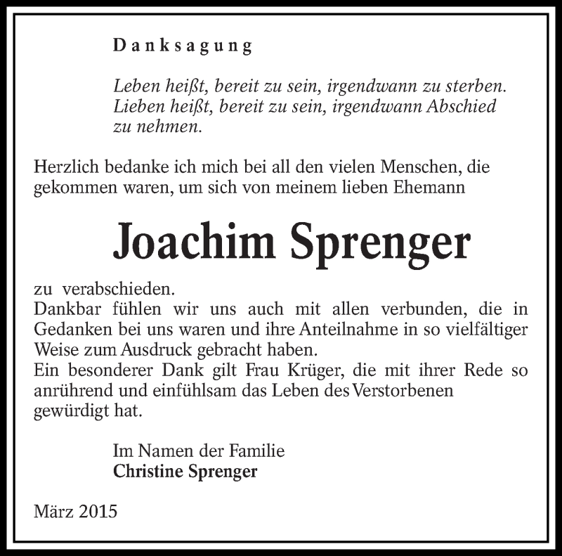  Traueranzeige für Joachim Sprenger vom 27.03.2015 aus lausitzer_rundschau
