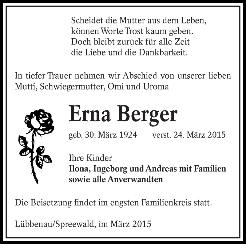  Traueranzeige für Erna Berger vom 12.04.2015 aus lausitzer_rundschau