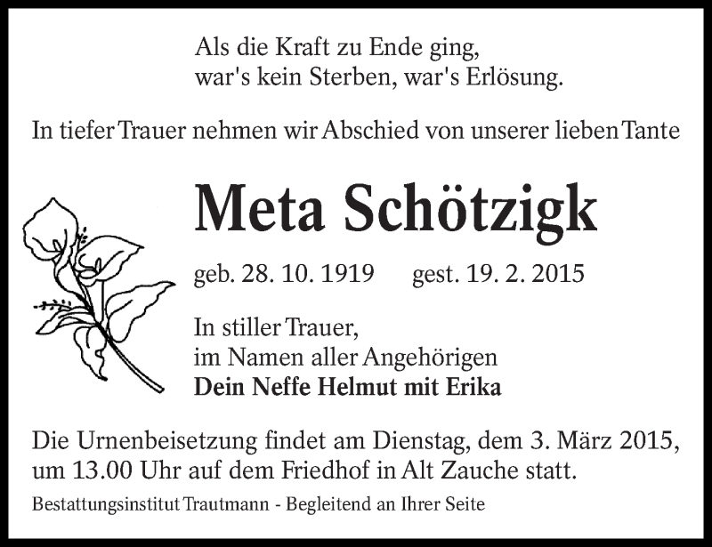  Traueranzeige für Meta Schötzigk Meta Schötzigk vom 24.02.2015 aus lausitzer_rundschau