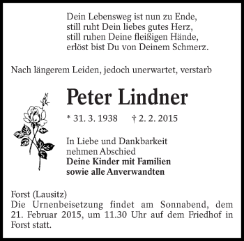 Traueranzeige von Peter Lindner von lausitzer_rundschau