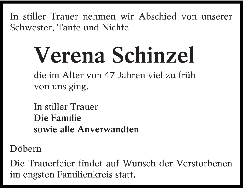  Traueranzeige für Verena Schinzel vom 25.01.2015 aus lausitzer_rundschau