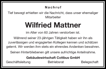 Traueranzeige von Wilfried Mattner von lausitzer_rundschau