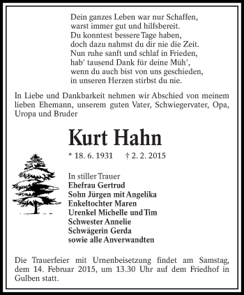 Traueranzeige von Kurt Hahn von lausitzer_rundschau