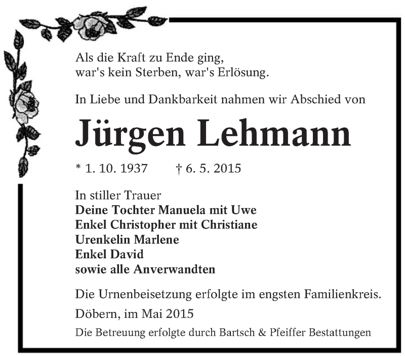  Traueranzeige für Jürgen Lehmann vom 31.05.2015 aus lausitzer_rundschau