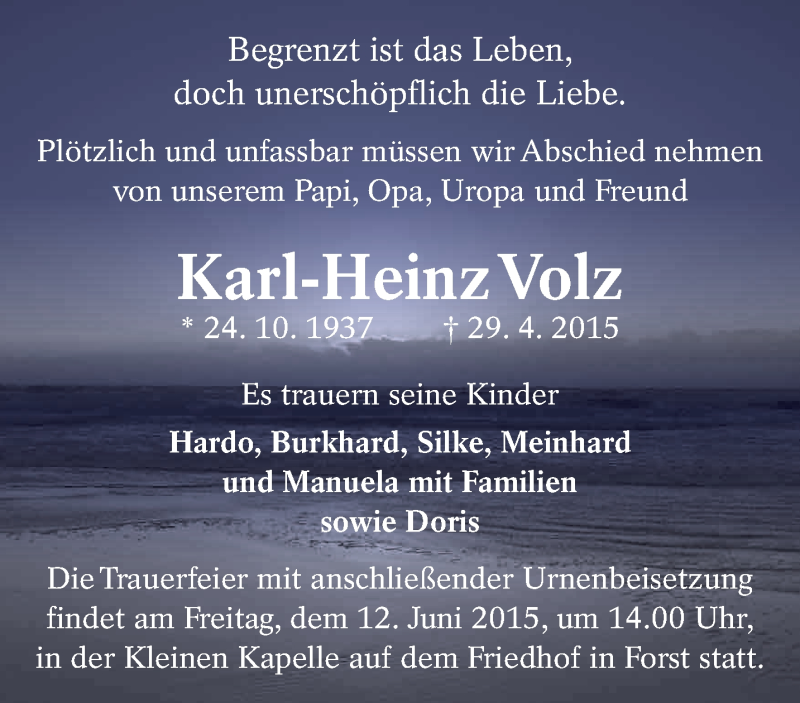  Traueranzeige für Karl-Heinz Volz vom 10.05.2015 aus lausitzer_rundschau