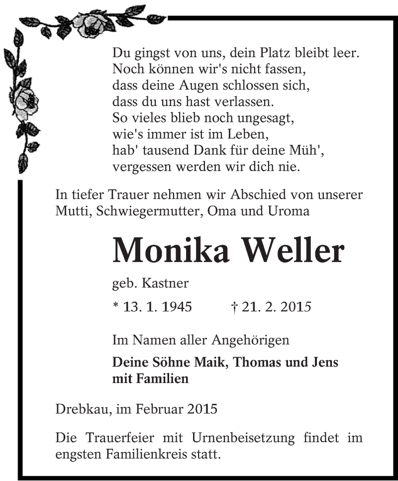  Traueranzeige für Monika Weller vom 28.02.2015 aus lausitzer_rundschau