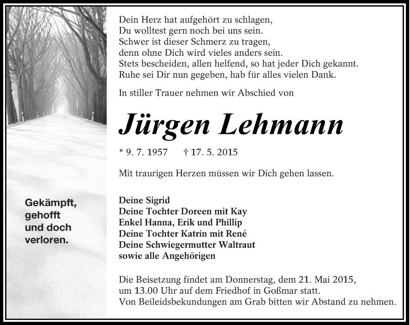  Traueranzeige für Jürgen Lehmann vom 19.05.2015 aus lausitzer_rundschau