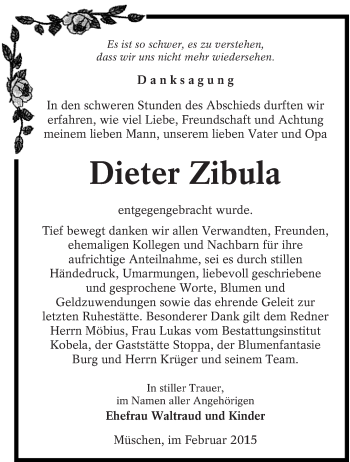 Traueranzeige von Dieter Zibula von lausitzer_rundschau