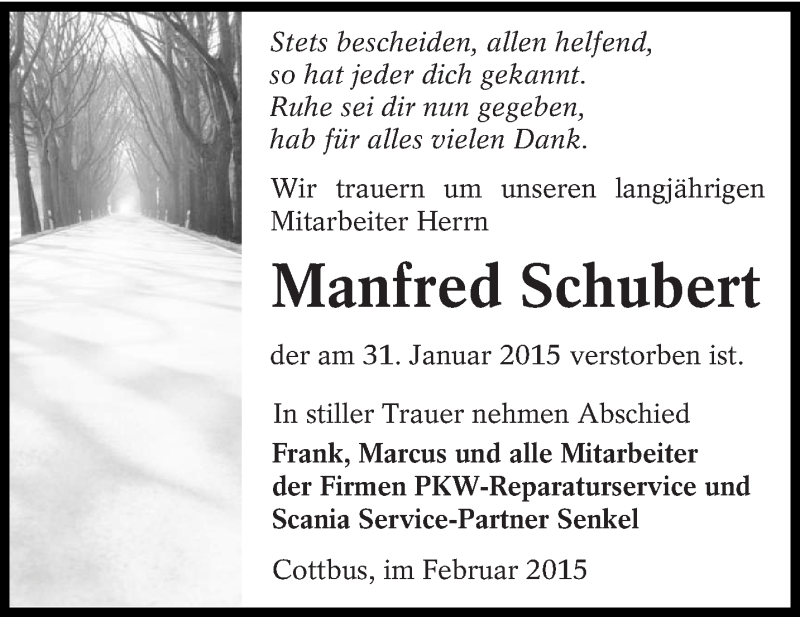  Traueranzeige für Manfred Schubert vom 05.02.2015 aus lausitzer_rundschau