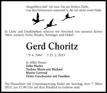 Traueranzeige von Gerd Choritz von lausitzer_rundschau