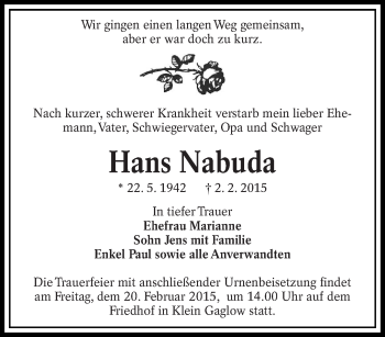 Traueranzeige von Hans Nabuda von lausitzer_rundschau