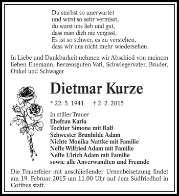 Traueranzeige von Dietmar Kurze von lausitzer_rundschau