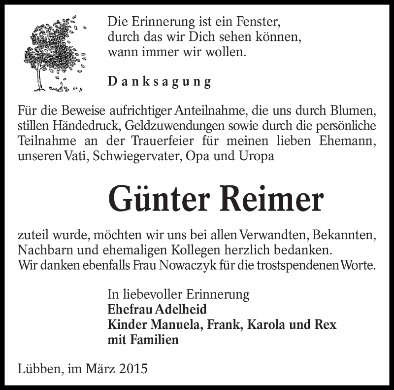  Traueranzeige für Günter Reimer vom 18.03.2015 aus lausitzer_rundschau